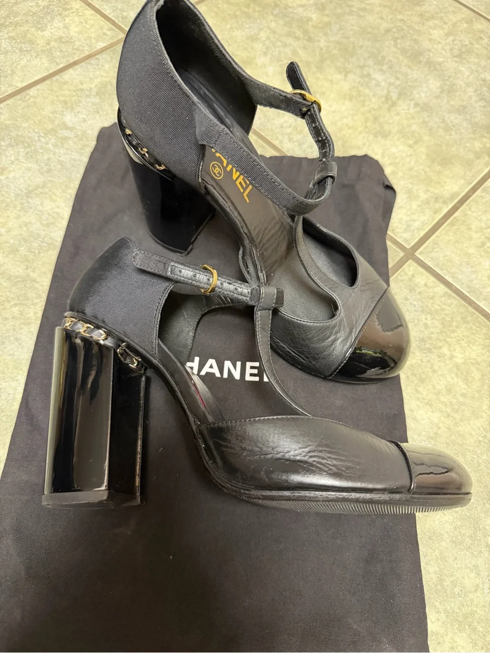 CHANEL Black Leather and Patent T-Strap Peep-Toe Heels